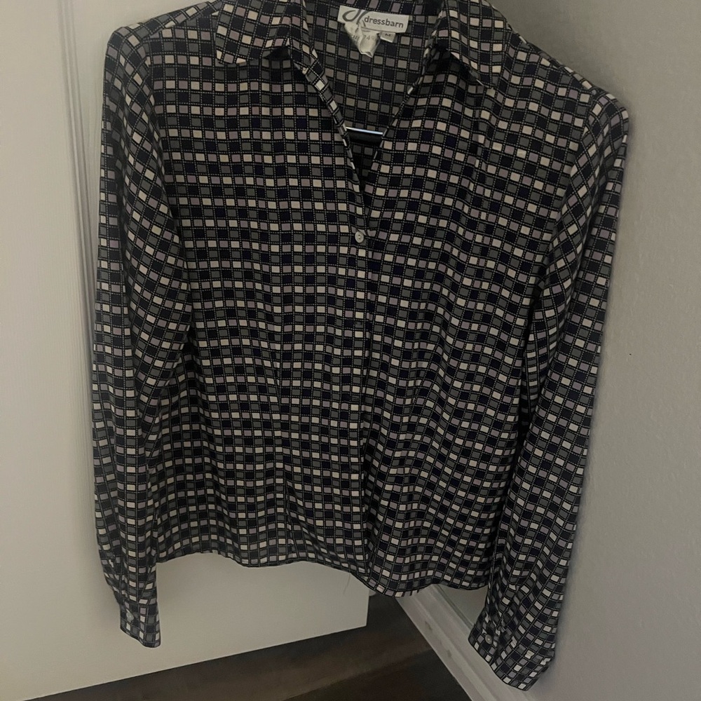 dressbarn Women's Purple and White Checkered Button Down Shirt